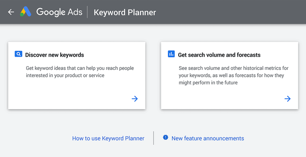 Google keyword Planner tabs