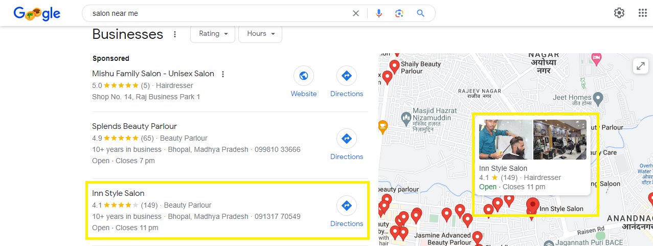 SERP result showing google business profile and maps with snippet of business profile information