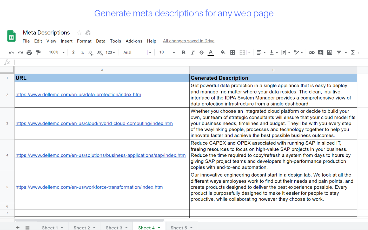 The meta description writer of the google sheets add-on