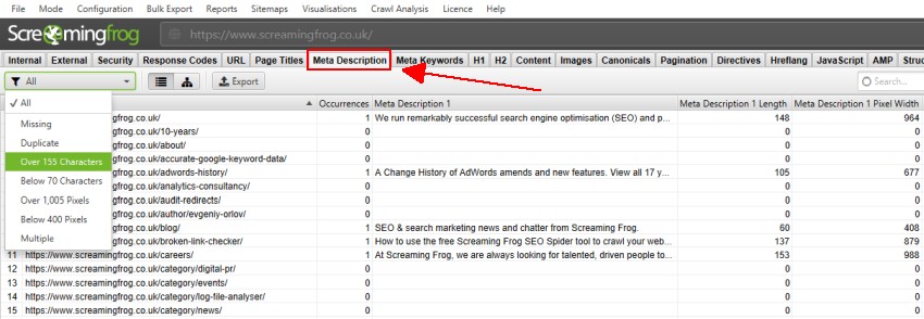 screaming frog for meta description audits