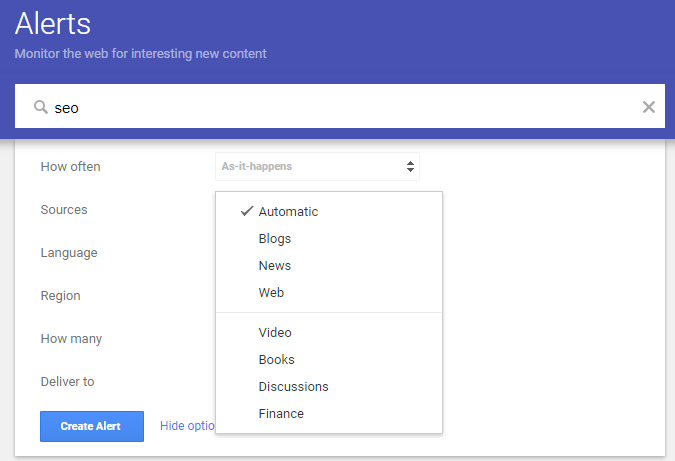 how to setup Google Alerts SOURCES