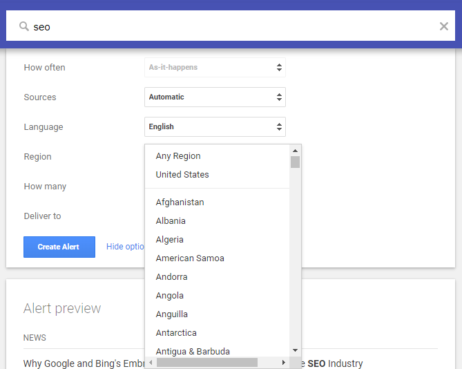 how to setup Google Alerts region