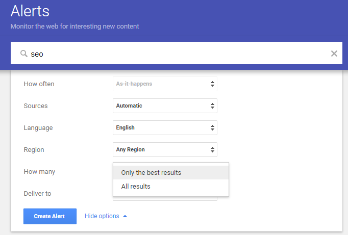 how to setup the category of results at Google Alerts