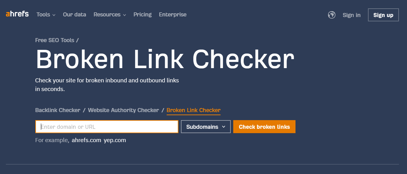 Ahrefs broken link checker tool
